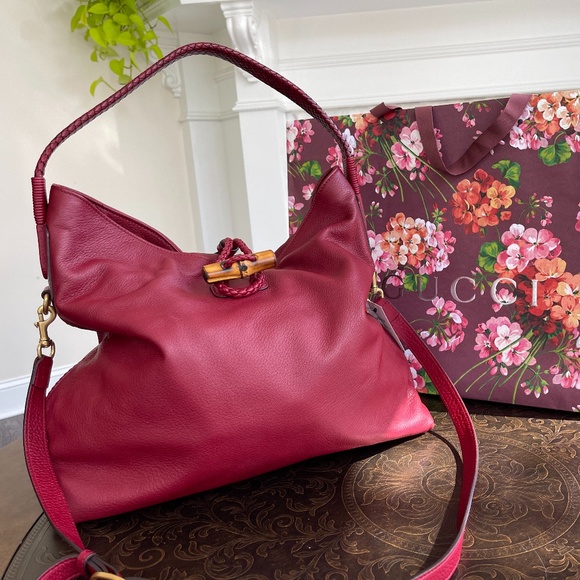 Gucci Red Deer Leather Hip Bamboo Handbag Bordeaux Large Soft Shoulder Tote Bag - Picture 1 of 16